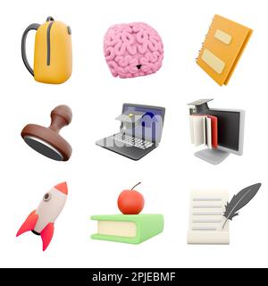 3d rendering yellow school bag, pink brain, notebook, stamp, laptop with graduation cap, monitor and open book, rocket, book and apple, paper with fea Stock Photo