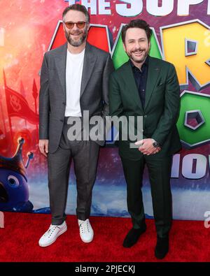 LOS ANGELES, CALIFORNIA, USA - APRIL 01: Seth Rogen and Charlie Day arrive at the Los Angeles Special Screening Of Universal Pictures, Nintendo And Illumination Entertainment's 'The Super Mario Bros. Movie' held at the Regal Cinemas LA Live & 4DX Movie on April 1, 2023 in Los Angeles, California, United States. (Photo by Xavier Collin/Image Press Agency) Stock Photo