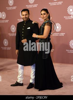 Mumbai, India. 01st Apr, 2023. Indian actors Saif Ali Khan (L) and Kareena Kapoor (R) pose for a photo shoot on the red carpet during the second day of the opening of Nita Mukesh Ambani Cultural Centre in Mumbai, India, 01 April, 2023. (Photo by Indranil Aditya/NurPhoto)0 Credit: NurPhoto SRL/Alamy Live News Stock Photo