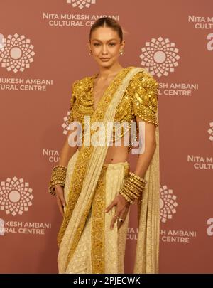 Mumbai, India. 01st Apr, 2023. American model Gigi Hadid poses for a photo shoot on the red carpet during the second day of the opening of Nita Mukesh Ambani Cultural Centre in Mumbai, India, 01 April, 2023. (Photo by Indranil Aditya/NurPhoto) Credit: NurPhoto SRL/Alamy Live News Stock Photo