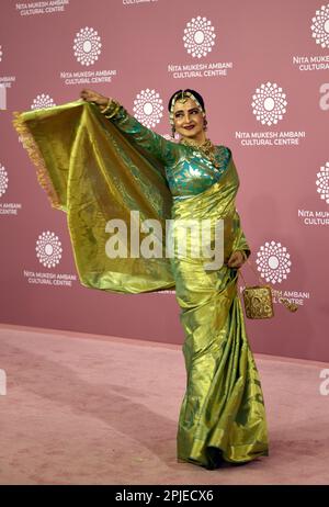 Mumbai, India. 01st Apr, 2023. Indian actress Rekha poses for a photo shoot on the red carpet during the second day of the opening of Nita Mukesh Ambani Cultural Centre in Mumbai, India, 01 April, 2023. (Photo by Indranil Aditya/NurPhoto)0 Credit: NurPhoto SRL/Alamy Live News Stock Photo