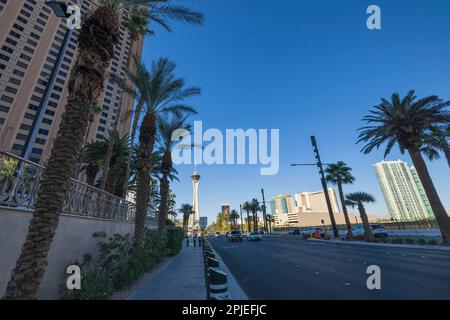 Beautiful view of main tower of Strat hotel-casino on Strip. Las Vegas,  Nevada,  USA. Stock Photo