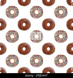 Seamless Pattern of Two Types of Delectable Chocolate Glazed Donuts on White Background Stock Photo