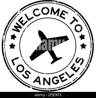 Grunge black welcome to los angeles word with plane icon round rubber seal stamp on white background Stock Vector