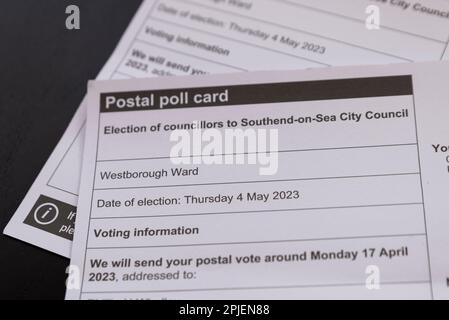 Southend on Sea, Essex, UK. 2nd Apr, 2023. Local elections are due to take place around the UK on Thursday 4th May 2023 to elect councillors and mayors to councils and unitary authorities. Postal poll cards have arrived at addresses registered for postal votes in the Westborough Ward of Southend on Sea City Council, which was held by Labour in the 2019 elections Stock Photo