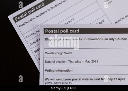 Southend on Sea, Essex, UK. 2nd Apr, 2023. Local elections are due to take place around the UK on Thursday 4th May 2023 to elect councillors and mayors to councils and unitary authorities. Postal poll cards have arrived at addresses registered for postal votes in the Westborough Ward of Southend on Sea City Council, which was held by Labour in the 2019 elections Stock Photo
