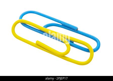 Paper blue yellow colored clips isolated on white background Stock Photo