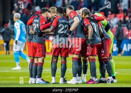 Toronto, Canada. 01st Apr, 2023. Toronto FC players huddle before the MLS game between Toronto FC and Charlotte FC at BMO field in Toronto. The game ended 2-2 Credit: SOPA Images Limited/Alamy Live News Stock Photo