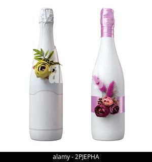 Two decorated wedding bottles of champagne, isolated on white background. Stock Photo