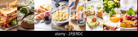 Different type of breakfasts in a mixture of pictures for the morning meals food concept. Stock Photo