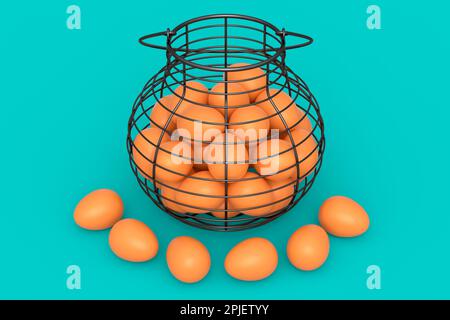 Farm raw organic brown eggs in basket or paper cardboard on green background. 3d render of fresh chicken eggs for omelet or scrambled fried egg for mo Stock Photo