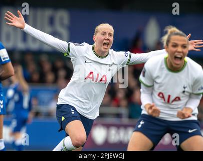 Walton Hall Park, Liverpool, Merseyside, England. 2nd April 2023. Tottenham's Eveliina Summanen celebrates her goal, during Everton Football Club Women V Tottenham Hotspur Football Club Women at Walton Hall Park, in The Women's Super League (WSL)/Barclays Women's Super League (BWSL). (Credit Image: ©Cody Froggatt/Alamy Live News) Stock Photo