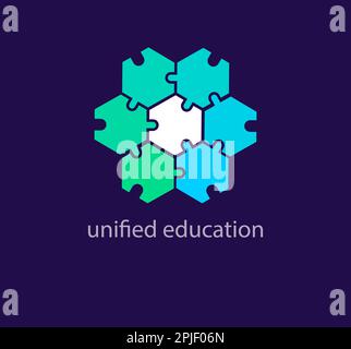 Unique pentagon puzzle education logo. Modern design color transition. Connected education logo template. vector. Stock Vector