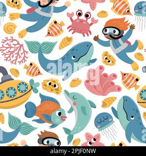 Vector under the sea seamless pattern. Repeat background with cute fish, seaweeds, divers, submarine. Ocean life digital paper. Funny water animals an Stock Vector