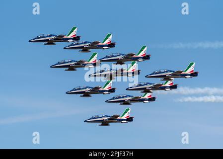 Italian Frecce Tricolori display team, the aerobatic demonstration team of the Italian Air Force, flying formation at Royal International Air Tattoo Stock Photo