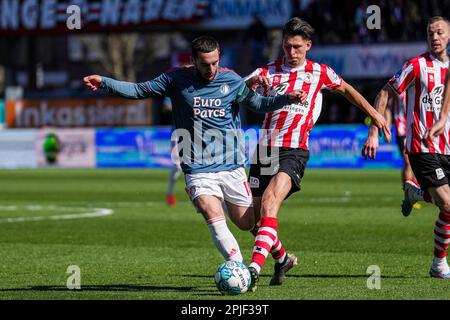 Rotterdam - Orkun Kokcu of Feyenoord, Jeremy van Mullem of Sparta Rotterdam during the match between Sparta Rotterdam v Feyenoord at Het Kasteel on 2 April 2023 in Rotterdam, Netherlands. (Box to Box Pictures/Tom Bode) Stock Photo