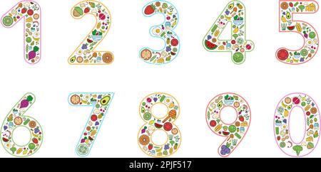 Food and drink collage design from numbers. Latin alphabet numbers from 1 to 0. Logo, corporate identity, app, creative poster and more. Stock Vector