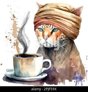 Turkish Cat with coffee cup. Muslim cat with turban. Watercolor Vector illustration for coffee houses. Isolated on white background. Can be used for m Stock Vector