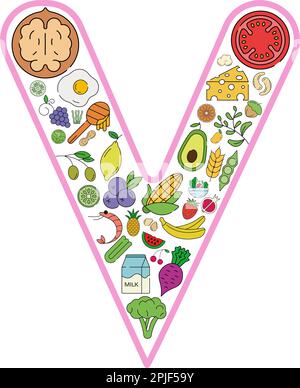 Food and drink collage icon set from letter V. Vector set of essential allergens and diet line icons. Editable food icon set. Stock Vector