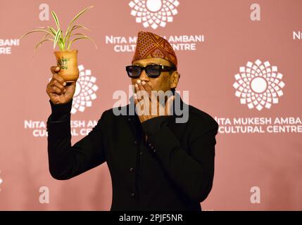 Mumbai, India. 01st Apr, 2023. Indian actor Jakie Shroff poses with a plant for a photo shoot on the red carpet during the second day of the opening of Nita Mukesh Ambani Cultural Centre in Mumbai, India, 01 April, 2023. (Photo by Indranil Aditya/NurPhoto)0 Credit: NurPhoto SRL/Alamy Live News Stock Photo