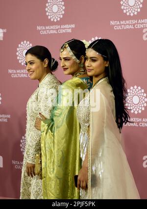 Mumbai, India. 01st Apr, 2023. Indian actress Kajol (L), Rekha (M) and Nysa Devgan (R) poses for a photo shoot on the red carpet during the second day of the opening of Nita Mukesh Ambani Cultural Centre in Mumbai, India, 01 April, 2023. (Photo by Indranil Aditya/NurPhoto) Credit: NurPhoto SRL/Alamy Live News Stock Photo