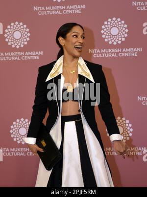 Mumbai, India. 01st Apr, 2023. Indian fashion designer Masaba Gupta reacts during a photo shoot on the red carpet during the second day of the opening of Nita Mukesh Ambani Cultural Centre in Mumbai, India, 01 April, 2023. (Photo by Indranil Aditya/NurPhoto) Credit: NurPhoto SRL/Alamy Live News Stock Photo