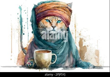 Turkish Cat with coffee cup. Muslim cat with turban. Watercolor Vector illustration for coffee houses. Isolated on white background. Can be used for m Stock Vector