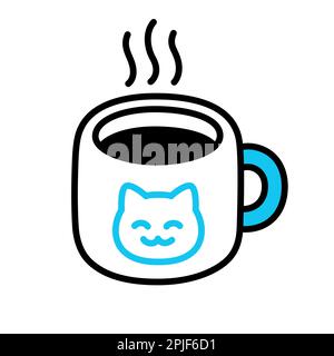 Simple doodle icon of coffee cup or tea mug with kawaii cat face. Cute cartoon morning hot drink drawing. Hand drawn vector illustration. Stock Vector