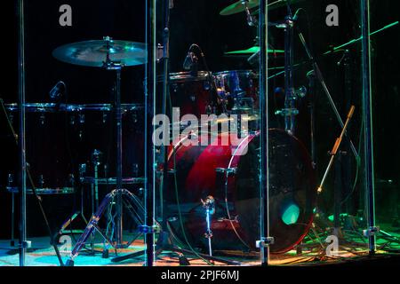 drum set on stage in a concert hall. Large-sized photo with soft change selectivity. Vintage live music background Stock Photo