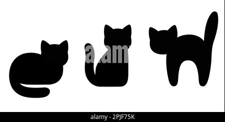 Cartoon black cat silhouette set. Simple icons of cat sitting and scared, isolated vector clip art illustration. Stock Vector