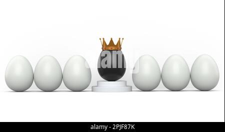 Group of farm white chicken eggs and unique black egg with expressions and funny face and gold crown on it on white background. 3d render of Easter eg Stock Photo