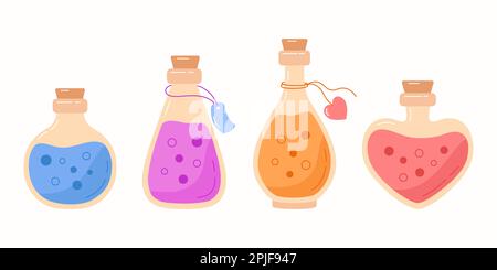 Collection of hand drawn magic potions and liquid elixirs in flat style. Witch potion bottles. Vector illustration Stock Vector