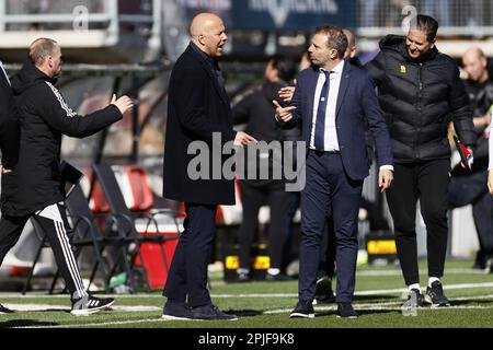 ROTTERDAM - (lr) Feyenoord coach Arne Slot, Sparta Rotterdam coach Maurice Steijn during the Dutch premier league game between Sparta Rotterdam and Feyenoord Rotterdam at Sparta Stadion Het Kasteel on April 2, 2023 in Rotterdam, Netherlands. ANP PIETER STAM DE JONGE Stock Photo