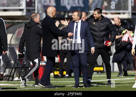 ROTTERDAM - (lr) Feyenoord coach Arne Slot, Sparta Rotterdam coach Maurice Steijn during the Dutch premier league game between Sparta Rotterdam and Feyenoord Rotterdam at Sparta Stadion Het Kasteel on April 2, 2023 in Rotterdam, Netherlands. ANP PIETER STAM DE JONGE Stock Photo