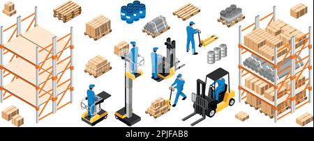 Warehouse interior with cardboard boxes, lift and cargo trucks. Staff surrounded by boxes on rack and transport of storehouse interior. pallet trucks, Stock Vector