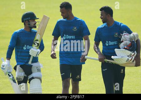 From left...Litton Kumar Das, Shariful Isalm and Ebadot Hossain during  Bangladesh Test Cricket Team attends practice session ahead of their alpne Tes Stock Photo