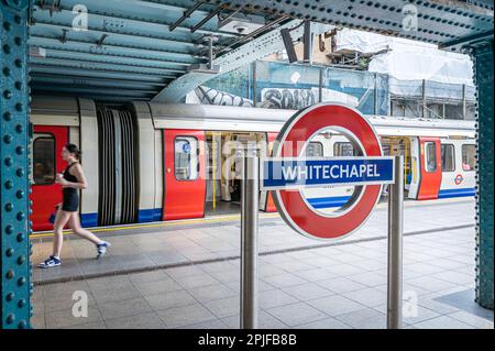 Whitechapel Underground Station Roundel, London Stock Photo