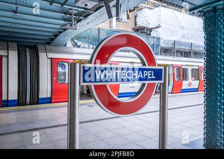 Whitechapel Underground Station Roundel, London Stock Photo