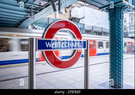 Whitechapel Underground Station Roundel, London Stock Photo