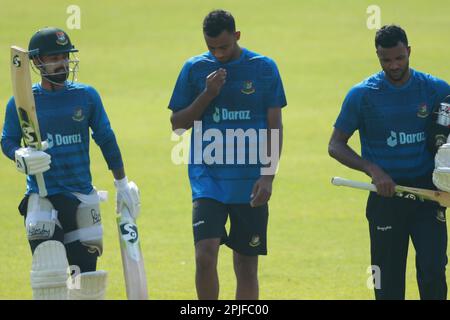 From left...Litton Kumar Das, Shariful Isalm and Ebadot Hossain during  Bangladesh Test Cricket Team attends practice session ahead of their alpne Tes Stock Photo