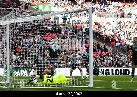 Goalkeeper Callum Burton (25 Plymouth Argyle) makes saveduring the Papa John Trophy Final between Bolton Wanderers and Plymouth Argyle at Wembley Stadium, London on Sunday 2nd April 2023. (Photo: Kevin Hodgson | MI News) Credit: MI News & Sport /Alamy Live News Stock Photo