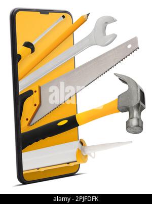 Construction work tools from the smart phone isolated on white background, contact repairman or handyman. Advertisement, Sale and Shopping online and Stock Photo