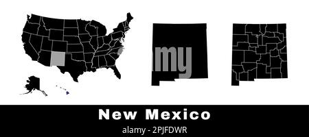 New Mexico state map, USA. Set of New Mexico maps with outline border, counties and US states map. Black and white color vector illustration. Stock Vector