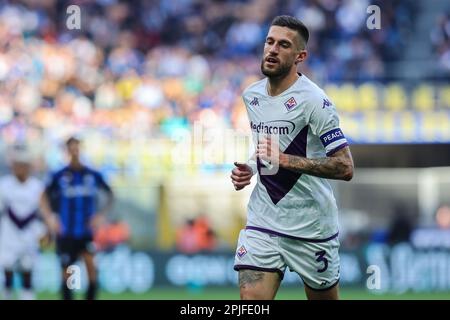 Cristiano Biraghi of ACF Fiorentina looks on during Serie A 2022/23 football match between FC Internazionale and ACF Fiorentina at Giuseppe Meazza Sta Stock Photo