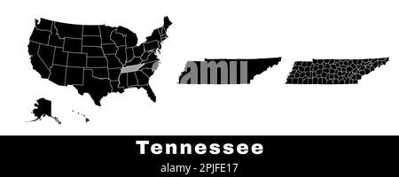 Tennessee state map, USA. Set of Tennessee maps with outline border, counties and US states map. Black and white color vector illustration. Stock Vector