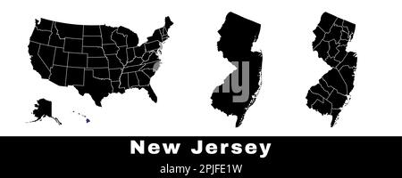 New Jersey state map, USA. Set of New Jersey maps with outline border, counties and US states map. Black and white color vector illustration. Stock Vector
