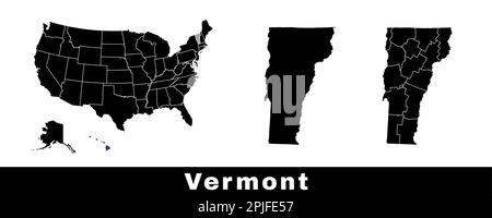 Vermont state map, USA. Set of Vermont maps with outline border, counties and US states map. Black and white color vector illustration. Stock Vector
