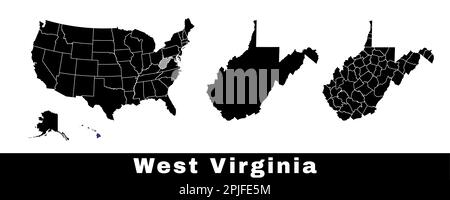 West Virginia state map, USA. Set of West Virginia maps with outline border, counties and US states map. Black and white color vector illustration. Stock Vector