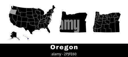 Oregon state map, USA. Set of Oregon maps with outline border, counties and US states map. Black and white color vector illustration. Stock Vector