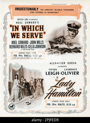 British Trade Ad from 1948 for Double Bill of NOEL COWARD in IN WHICH WE SERVE 1942 directors NOEL COWARD and DAVID LEAN and VIVIEN LEIGH and LAURENCE OLIVIER in LADY HAMILTON aka THAT HAMILTON WOMAN ! 1941 director ALEXANDER KORDA re-released by British Lion Film Corporation Stock Photo